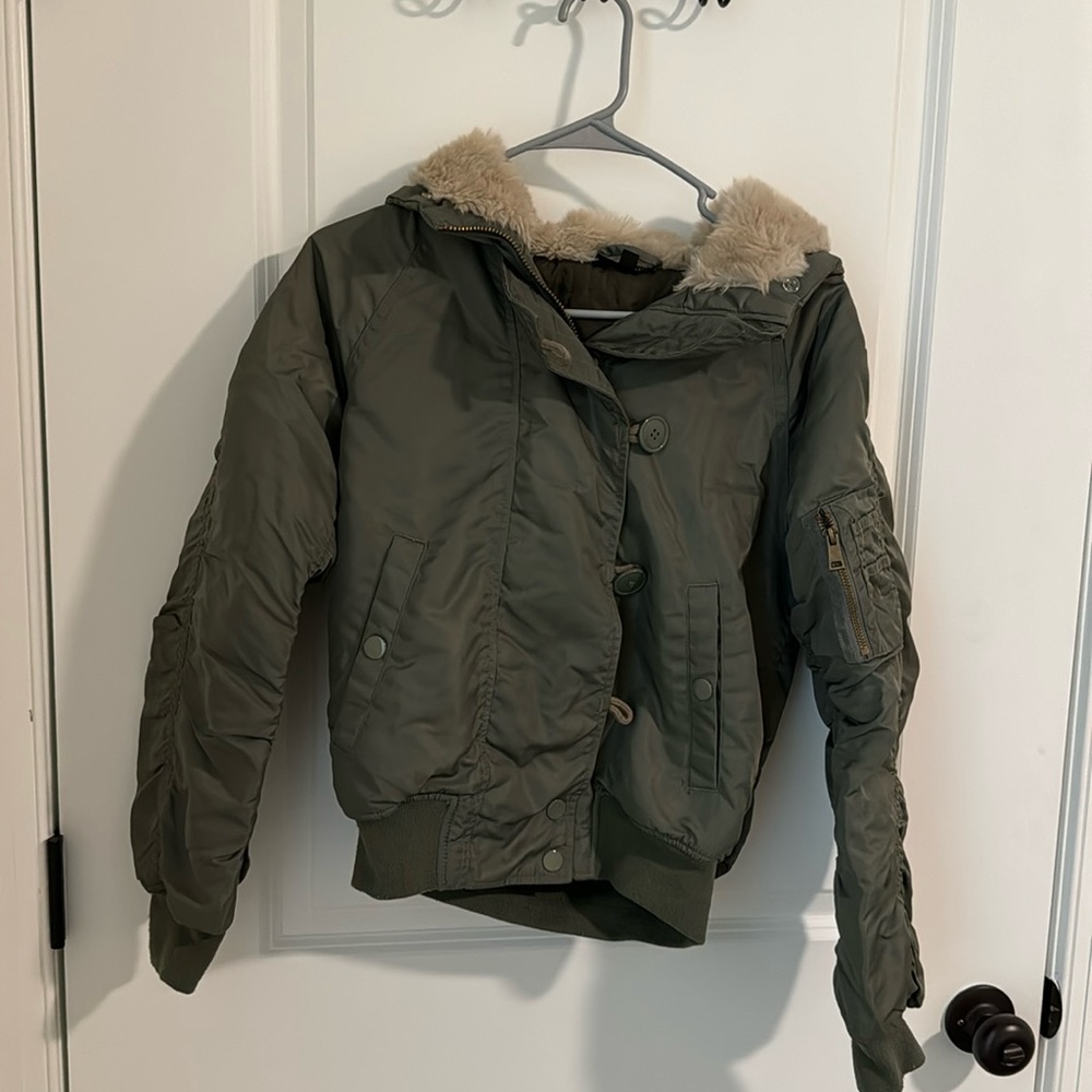 Topshop olive green bomber jacket with faux fur
